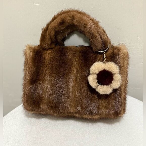 Handmade Real Muskrat Fur Top Handles Satchel With Mink Fur Flower Bag Charm - Picture 5 of 16